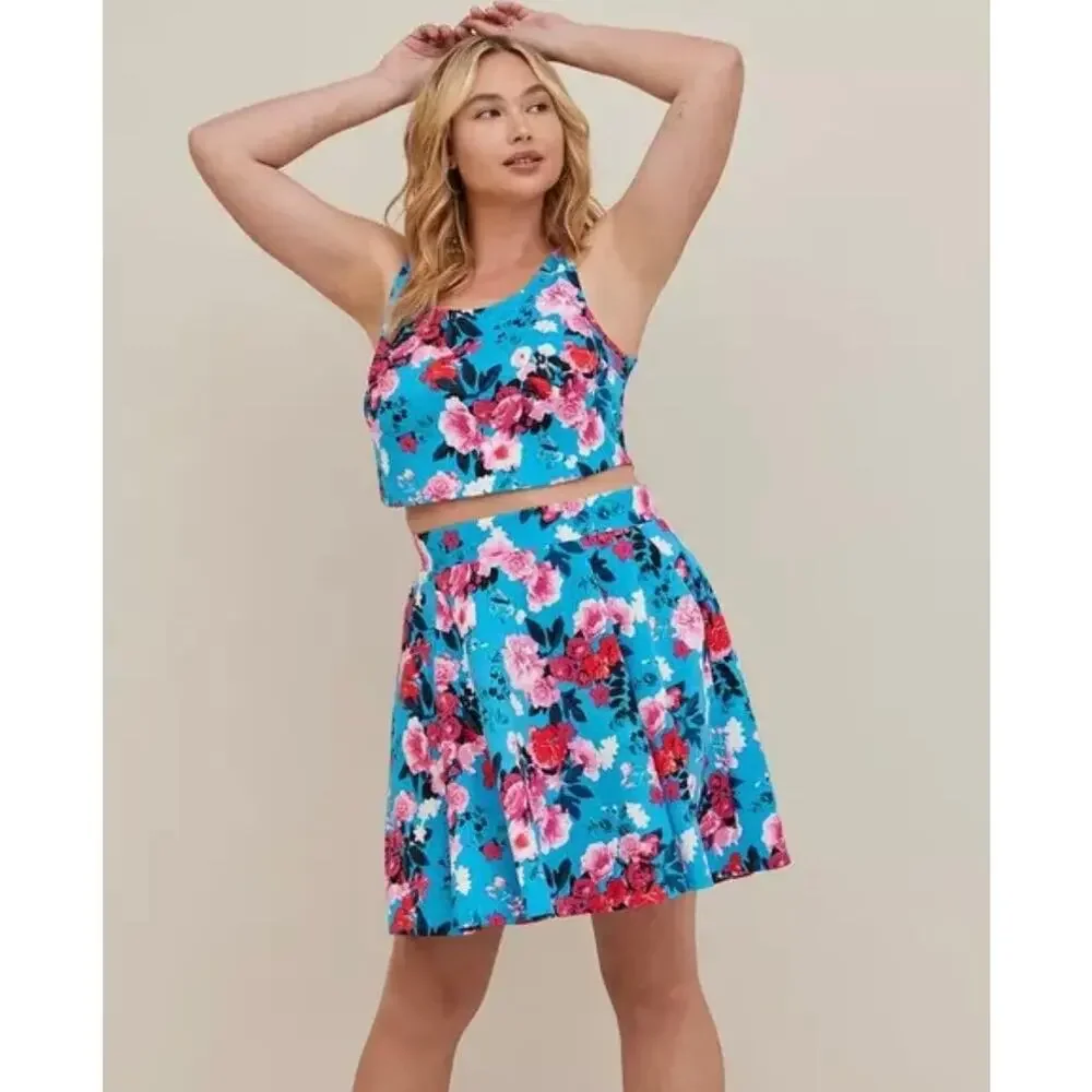 TORRID Mini Scuba Skater Set Women's Plus Size 2 Top Skirt $76 Floral Blue 2X - Picture 3 of 11